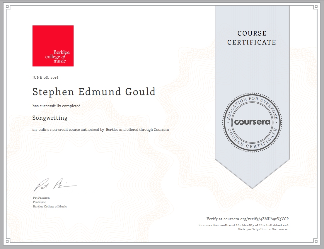 Certificate of achievement - Berklee Songwriting via Coursera